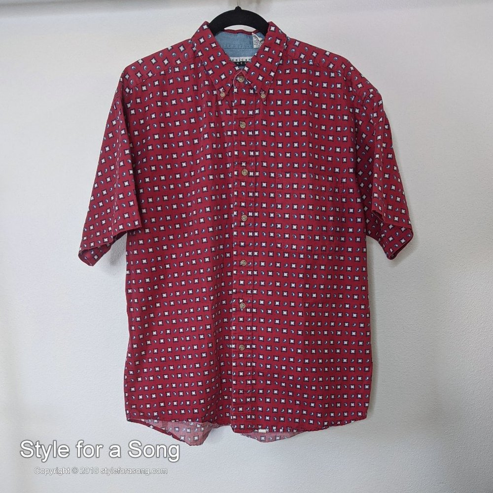 Vintage Men's Light Red Geo Print Button Down Shirt L